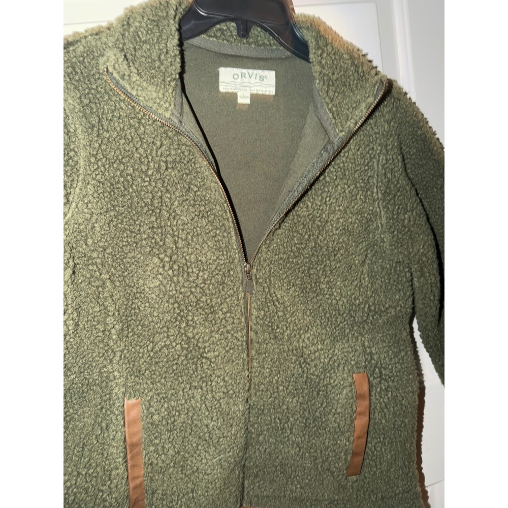Orvis Womens Olive Green Sherpa Fleece Jacket Leather Trim Elbow Patches L